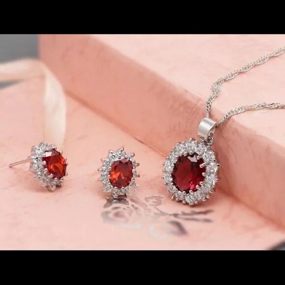 🔴Ruby Red Gemstone  Sterling Silver Plated Crystal Rhinestones Jewelry Set - Picture 8 of 8